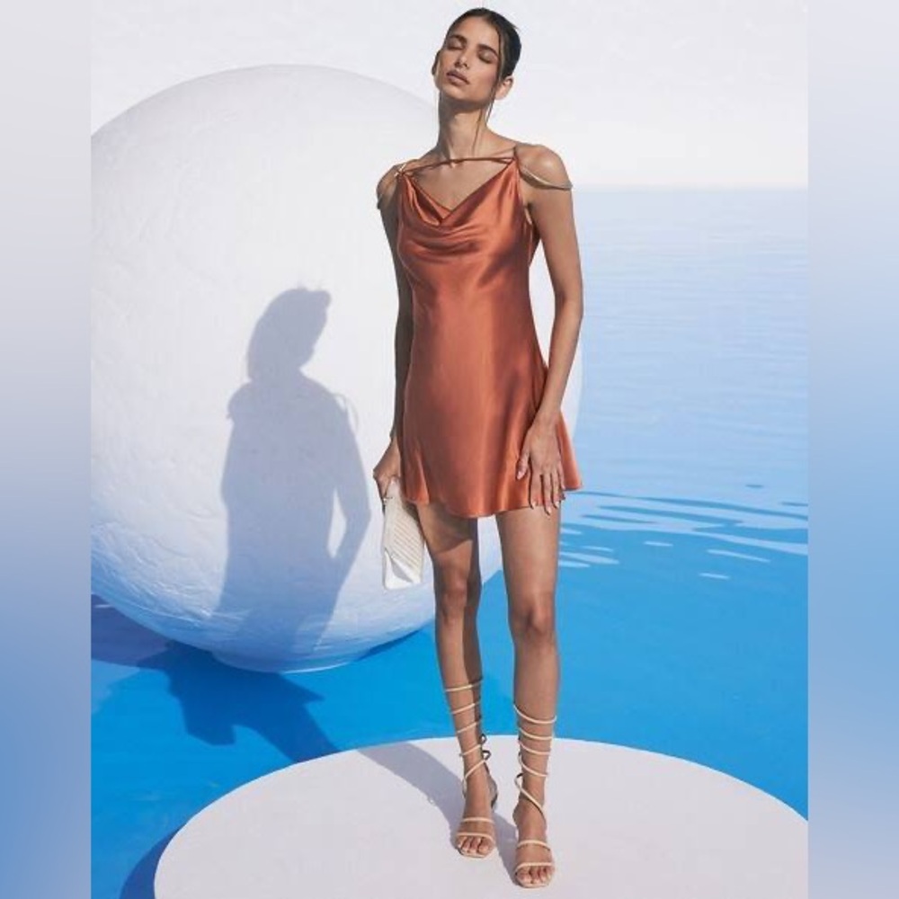 cult gaia Copper Satin Cowl Mini Dress-100% Silk